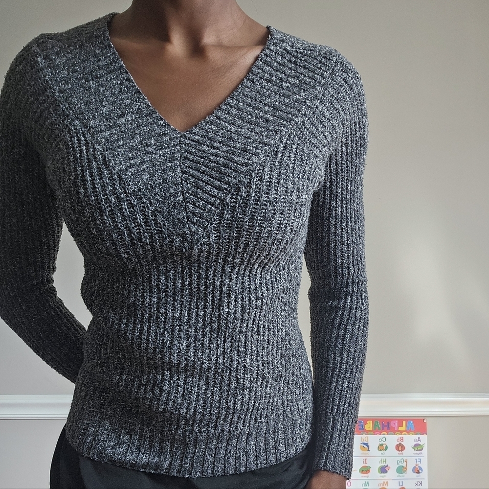 ​Poof Apparel Ribbed Mock Neck Sweater S Grey Marled Knit Cozy Jumper